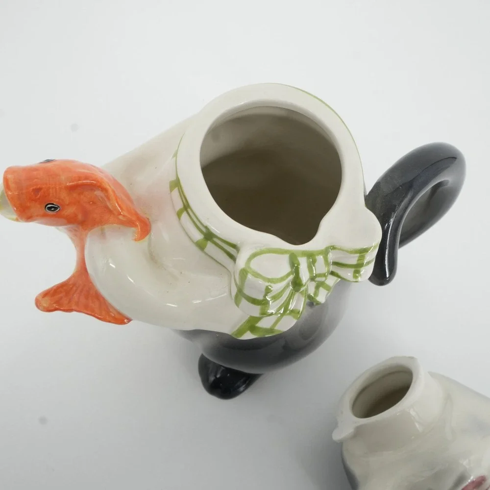 Cat Teapot Black Kitsch Whimsical Fish Spout Ceramic Tuxedo Tea Party Decor